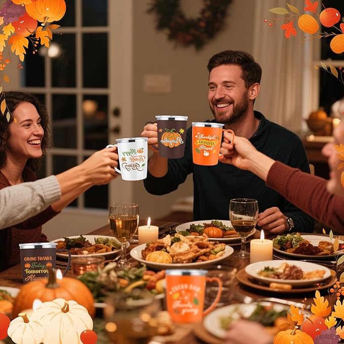 6 Pcs Thanksgiving Coffee Mugs Cups 16 Oz Fall Stainless Steel Insulated Tumblers Bulk with Handle Lid Straw Brushes Happy Thanksgiving Pumpkin Turkey Mugs Thankful Gifts for Party Birthday