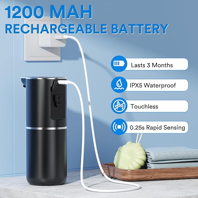 Automatic Liquid Soap Dispenser Touchless, Rechargeable Electric Dish ＆ Hand Soap Dispenser with Smart Digital Display, 6 Adjustable Level, Wall Mounted, 380ml IPX5 for Kitchen and Bathroom