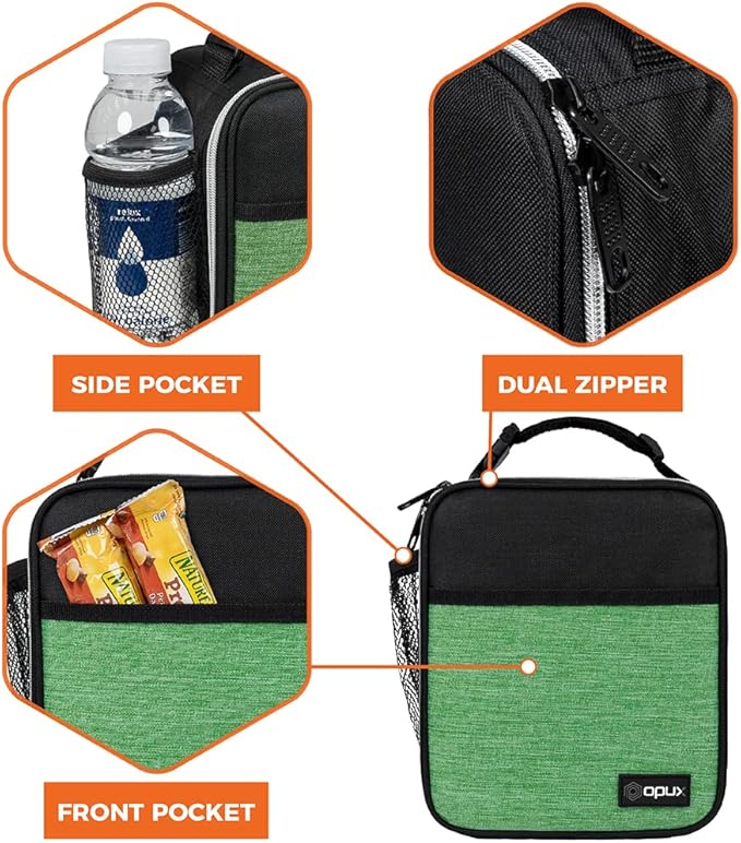 opux Premium Insulated Lunch Box, Soft School Lunch Bag for Kids Boys Girls, Leakproof Small Lunch Pail Men Women Work, Reusable Compact Cooler Tote Lunchbox for Office Adult, Heather Green