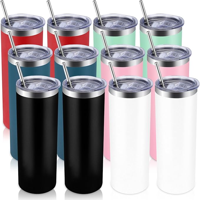 Volhoply 12 Pack Skinny Tumblers with Lid and Straw, 20oz Stainless Steel Straight Tumbler Bulk, Vacuum Insulated Coffee Mug for Home, Office, Travel, DIY (Mix,12 Pack)