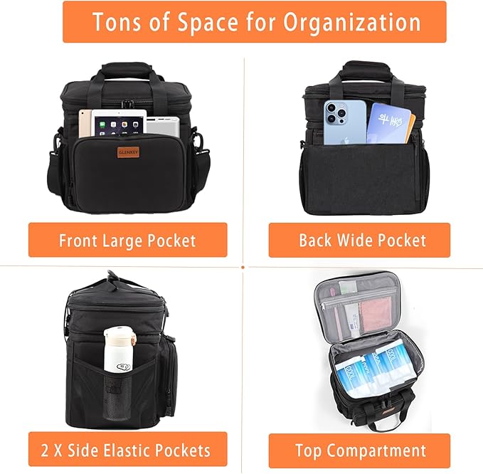 GLENKEY Expandable Insulated Large Lunch Box, Double Deck Heavy Duty Durable Lunch Bag Leakproof Cooler Bags for Men Women Adults Work Shift Flight Beach Daytrip, 20 Can, Black