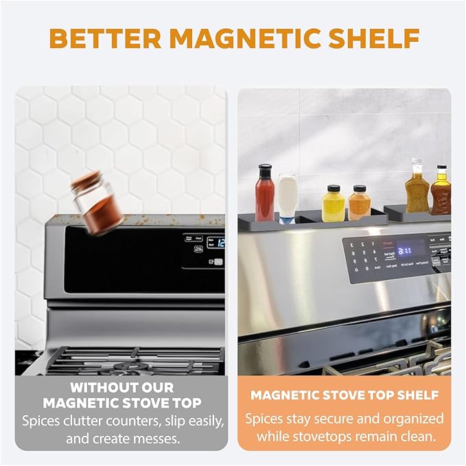 15 Inch Magnetic Silicone Stove Top Shelf, Heat Resistant Spice Rack for Kitchen, Space Saving Organizer with 3 Sticky Pads, Fits Back of Stove (Black, 15 Inch)