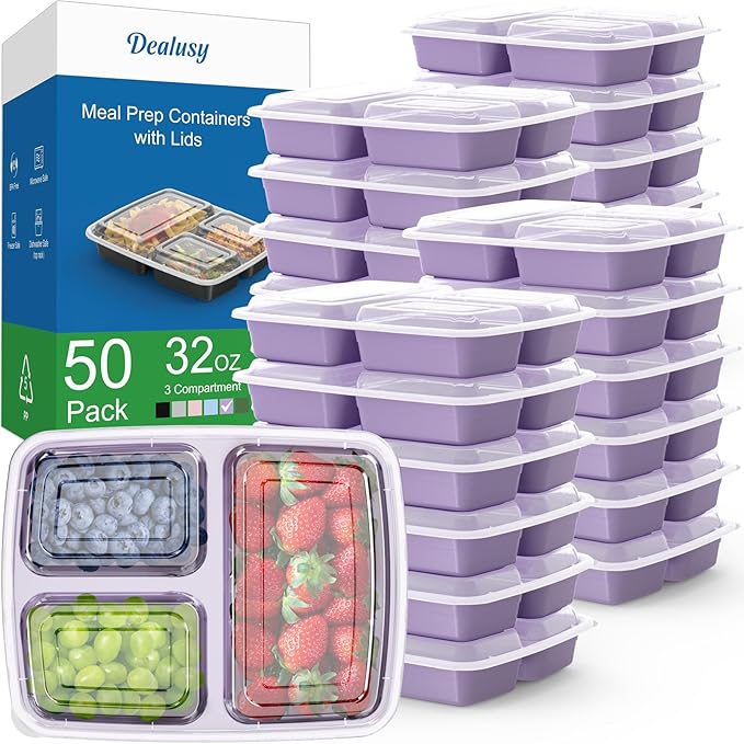 50 Pack (100-Piece) 32 oz Meal Prep Containers Reusable with Lids 3-Compartment, To Go Take Out Plastic Food Storage Containers, Sturdy Leakproof Food Safe, Microwave Freezer Dishwasher Safe, Lilac