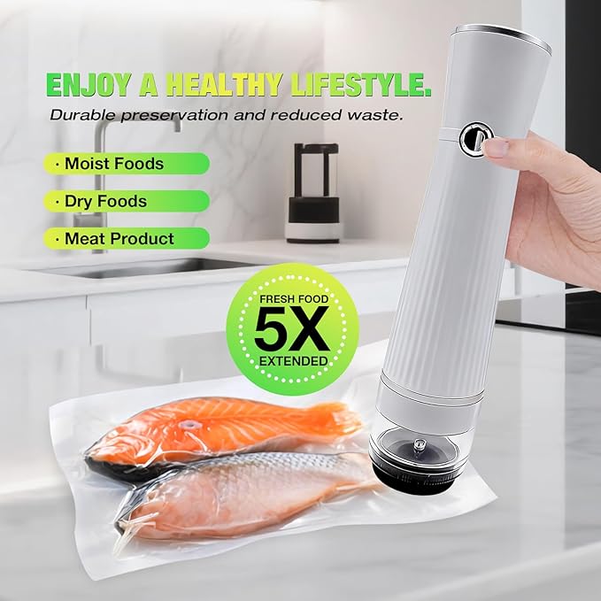 RAIN SPIRIT Handheld Vacuum Sealer for Food, Compact Vacuum Sealer Machine,Cordless Portable Food Saver Machine & Reusable Bags Compact for Travel, rechargeable vacuum sealer (White with 10 bags)
