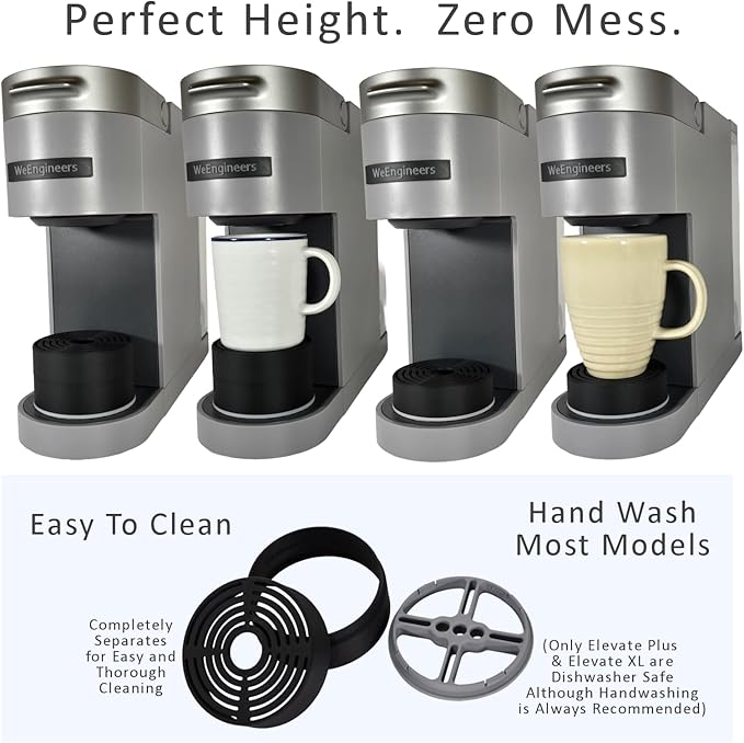Elevate Anti-Splash Cup Riser Accessory for most Keurig K-cup, Cuisinart Single Serve, and other Coffee Makers, Adjustable for Cup Size and Drip Tray Type (Black with Light Gray Base)