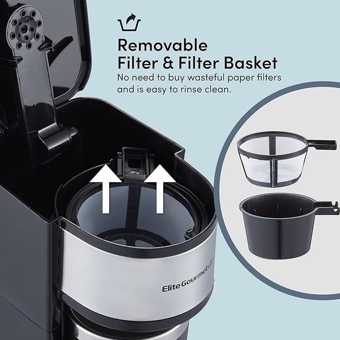 Elite Gourmet EHC-112B Personal Single-Serve Compact Coffee Maker Brewer Includes 14Oz. Thermal Travel Mug with Stainless Steel Interior, Compatible with Coffee Grounds, Reusable Filter, Black