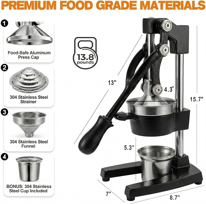 Cast Iron Citrus Juicer - 13.8LB Heavy Duty Manual Orange Press, 304 Stainless Steel Cup & Strainer, Professional Lemon Grapefruit Pomegranate Squeezer for Home Bar Kitchen, Black
