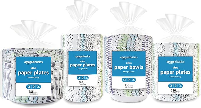 Amazon Basics Ultra Paper Plates, 8.62 Inch, Disposable, 120 Count
