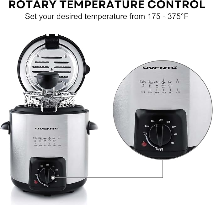 OVENTE Electric Deep Fryer, 0.9L Capacity, 840W with Adjustable Temperature, Locking Lid, Removable Fry Basket & Cool-Touch Handles, Stainless Steel Countertop Fryer, Silver FDM1091BR