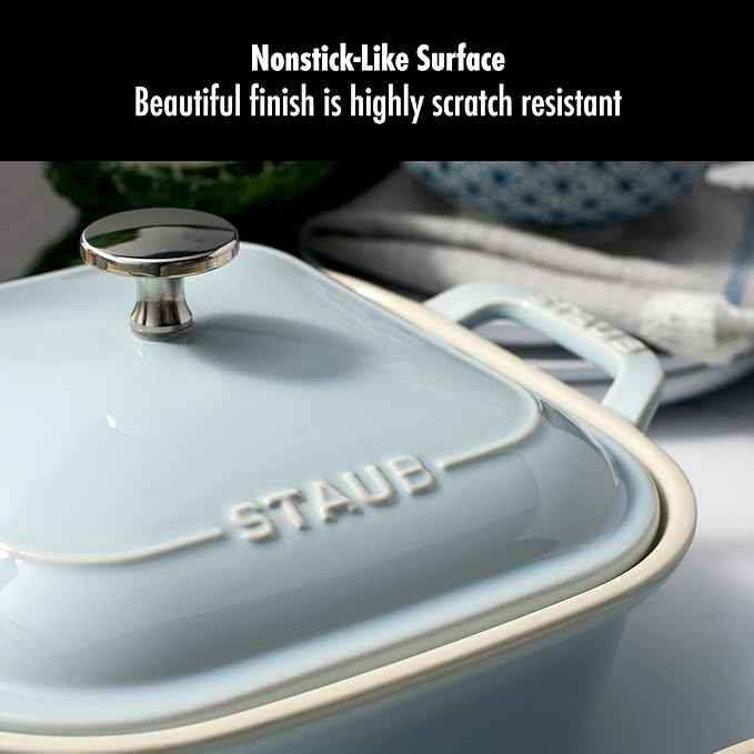 Staub Ceramic 4-pc Baking Pans Set, Casserole Dish with Lid, Brownie Pan, Light Blue