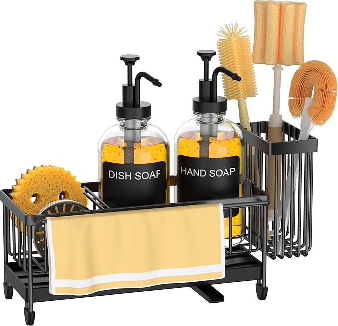 Kitchen Soap Dispenser Set with Sponge Holder and Towel Rack, 17OZ Glass Bottle, Hand and Dish Soap Dispenser Set, Non-Slip Silicone Pad, Brush Holder, Sink Organizer Countertop (Transparent)