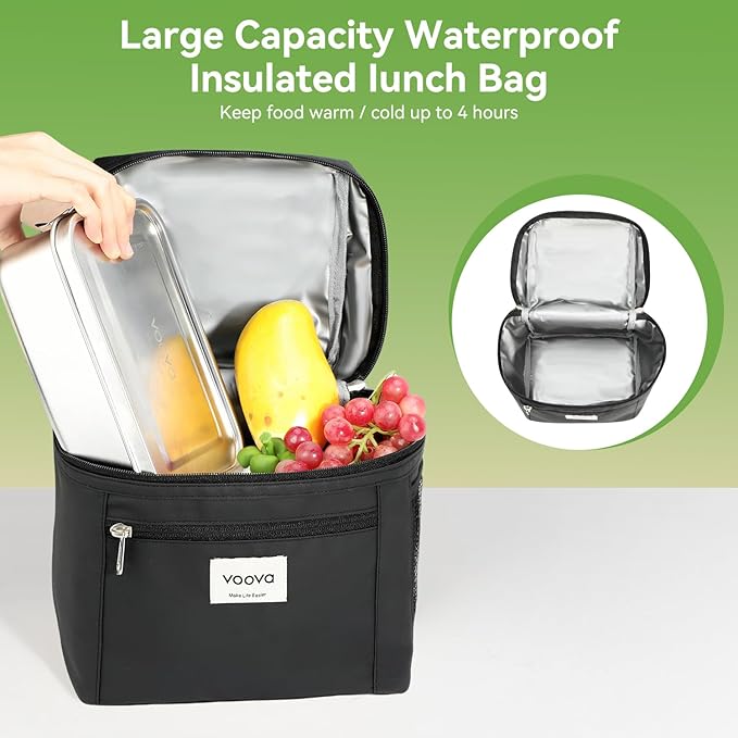 Voova Stainless Steel Lunch Box with Lunch Bag for Women Men Adult, (42oz/1200ml) Leakproof Metal Bento Box with Free Sealing, Insulated Lunch box for Work, Black