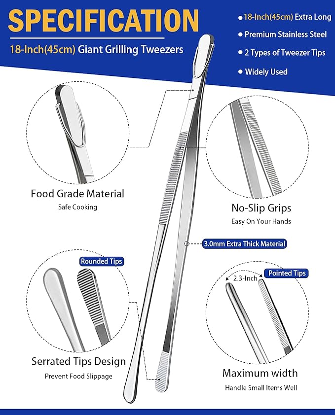 JETKONG 18 Inch (45cm) Extra Long Barbecue Tongs, Heavy Duty Giant Tweezer Tongs for Grilling and BBQ, Set of 2 (Round Tips)