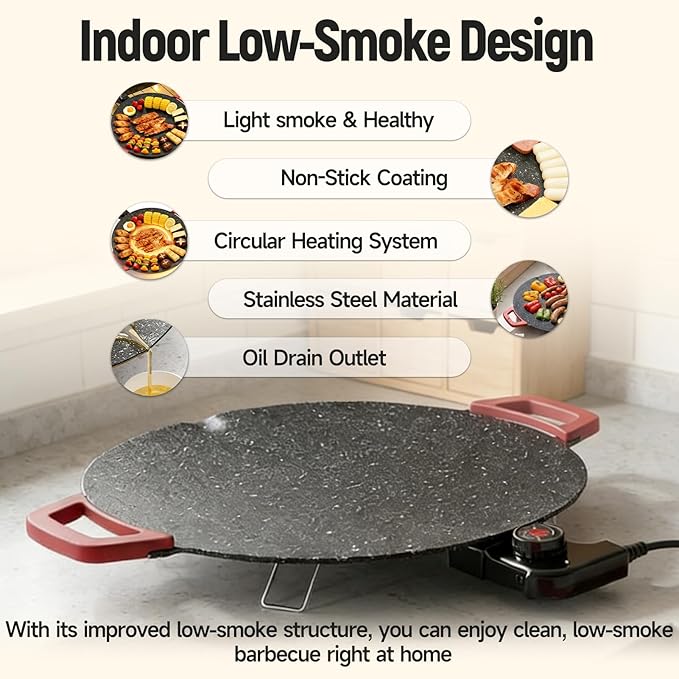 Low-Smoke Electric Grill Pan Indoor Nonstick Griddle 800W/1000W 5 Heat Settings with Random 4-Piece Accessories Easy to Clean