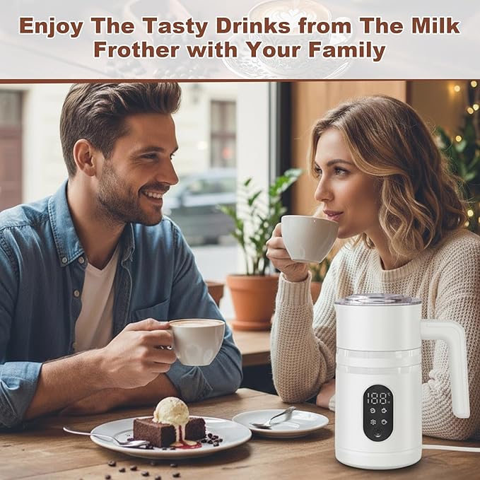 4 in 1 Electric Milk Frother Automatic Hot & Cold Foam Maker Auto Shut-Off Durable Stainless Steel Milk Frother Silent Working Easy to Clean for Hot Chocolate (White-With Digital Display)