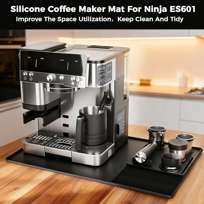 Silicone Coffee Mat for Ninja Luxe Espresso Machine ES601 – Large Anti-Slip Heat-Resistant Coffee Bar Mat for Ninja luxe Cafe Accessories and Most Home Espresso Machines with Convex Edge Black