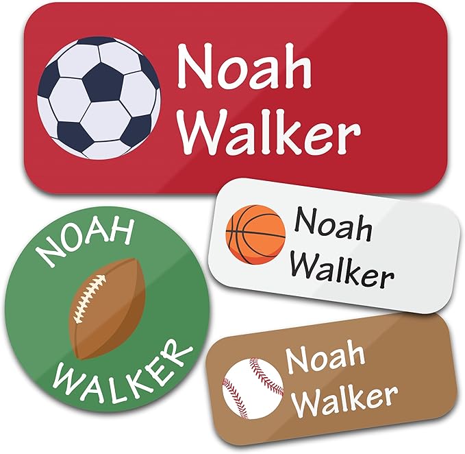 Personalized Daycare Name Labels for Kids (130 Labels) - Custom Waterproof Name Stickers for Clothing Tags, Water Bottles, Lunch Boxes and School Supplies (Sports)