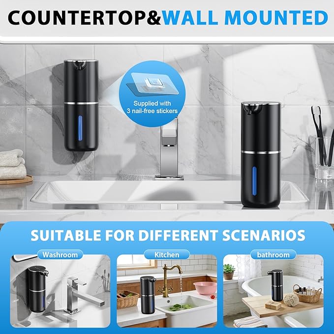 Fantictas Automatic Soap Dispenser Touchless Automatic Foam Soap Dispenser 380ML 4 Adjustable Levels 1200mAh Soap Dispensing Wall Mount for Kitchen and Bathroom,Black