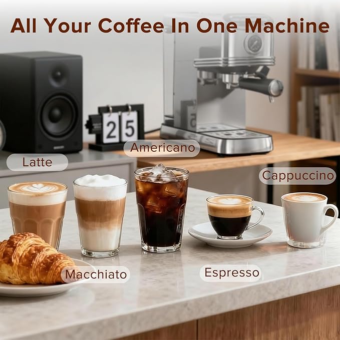 Kndko Espresso Machine, 20 Bar Espresso Maker with Milk Frother Steam Wand, with 45 OZ Removable Water Tank, Latte & Cappuccino Machine for Home, Office, Stainless Steel Color