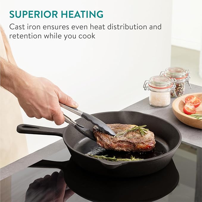 Navaris Cast Iron Skillet - 6/8/10 inch(15/20/25cm) Pre-Seasoned Frying Pan, Pour Spouts, for Oven, Stovetop, Grill & Campfire, Non-Toxic, Heavy-Duty, Even-Heating Cookware