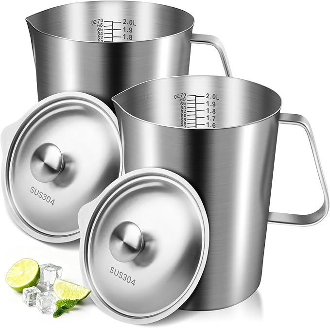 2 Pcs Stainless Steel Pitcher with Lid, 70 oz / 2 L Large Mouth Graduated Measuring Cup with Marking & Handle, Milk Frothing Jug for Espresso Machine, Latte Art, Iced Tea, Hot and Cold Water