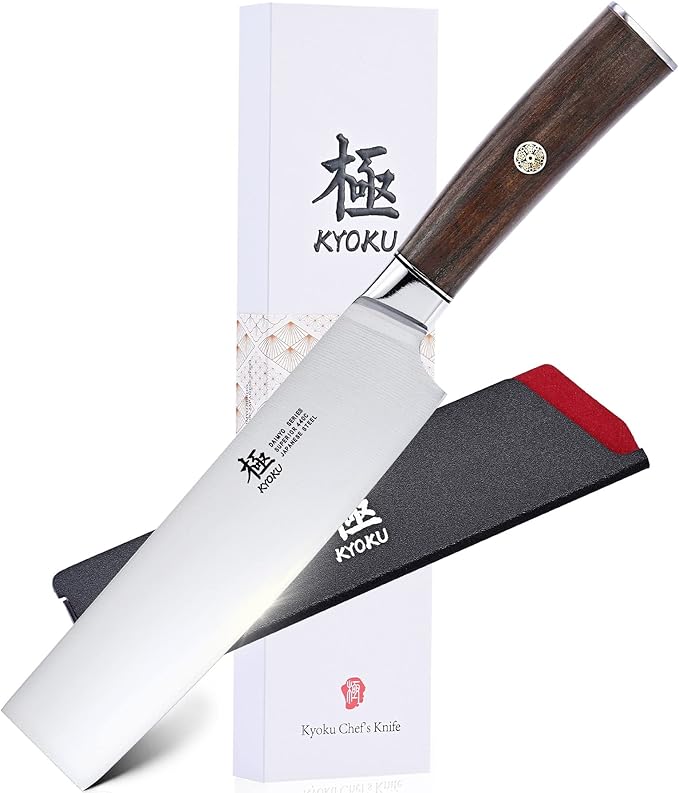 KYOKU 7 Inch Nakiri Knife - Daimyo Series - Vegetable Cleaver with Ergonomic Rosewood Handle, & Mosaic Pin - Japanese 440C Stainless Steel Kitchen Knife with Sheath & Case
