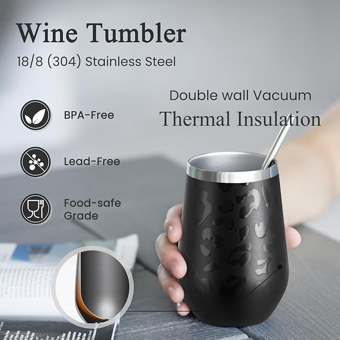 MEWAY 12oz Insulated Wine Tumbler with Press-In Lid, Double Wall Vacuum Stainless Steel Travel Tumbler with Straw, for Coffee and Drinks, Gift for Woman Under 10 dollars(Black Leopard,Set of 4)