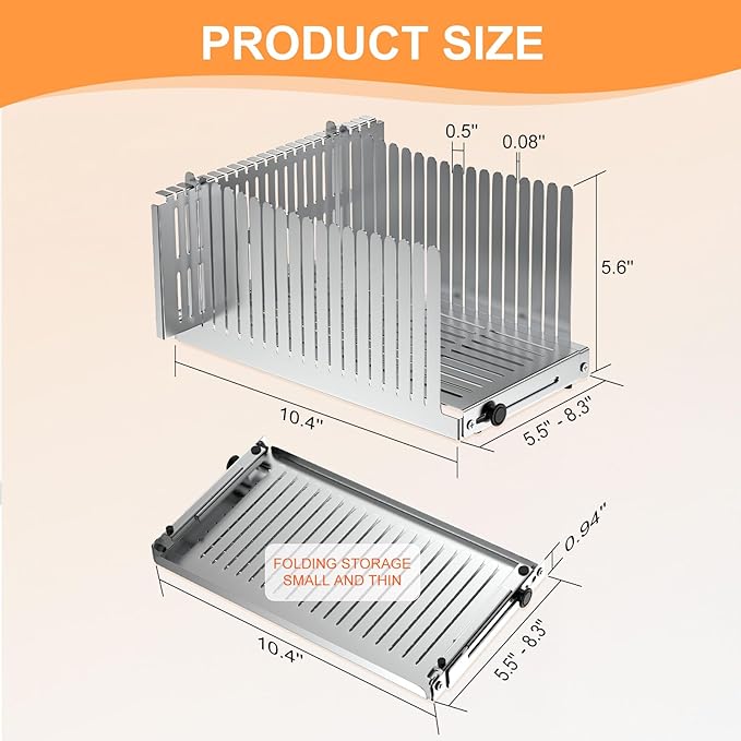 Stainless steel Bread Slicer for Homemade Bread,Adjustable Width,Foldable Compact,Bread Slicing Guide,Bread Loaf Slicer,for Cakes,Bagels,slice is 0.5",Bread width: 5.5"-8.3" (Gray)