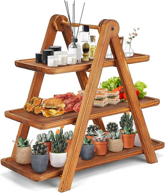 Manspdier Extra Large Wood 3 Tier Serving Tray Three Tiered Cupcake Stand, Rectangle Serving Platter Wooden Farmhouse Tiered Tray, Party Serving Brown Decorative Tray Decor