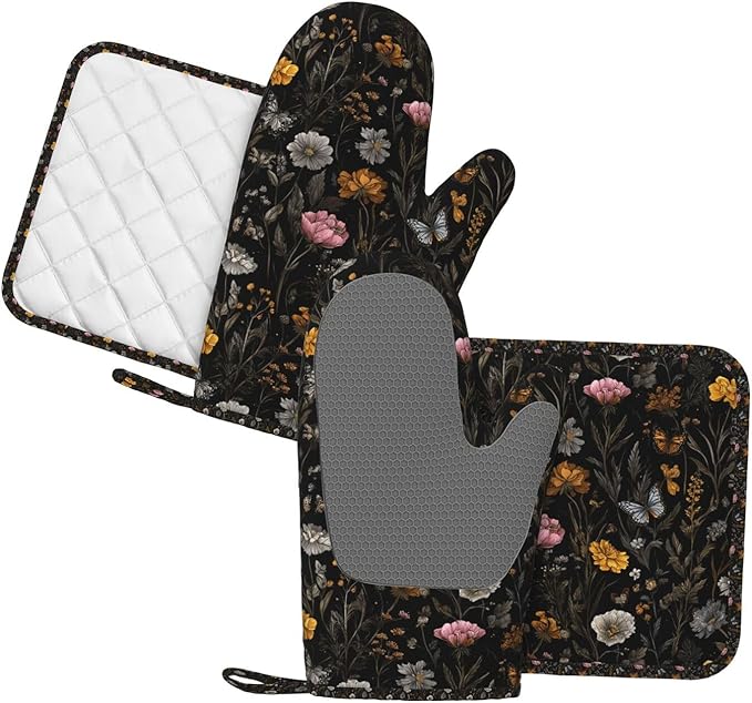 Oven Mitts and Pot Holders Flower Butterfly Boho Botanical Silicone Kitchen Accessories Set of 4 Heat Resistant Long Gloves Potholder Non-Slip Grip for Chef Baking Cooking Grilling BBQ