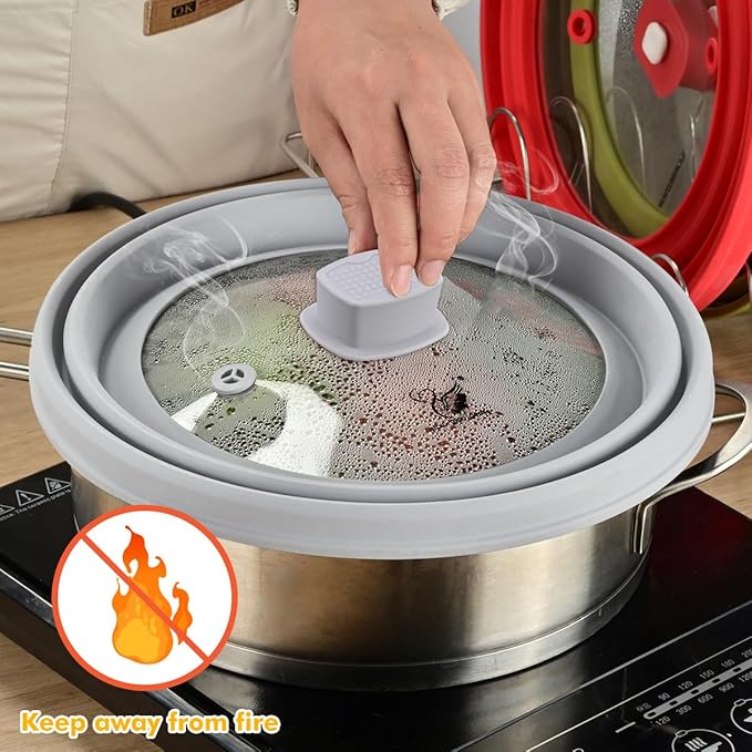 Tall Microwave Splatter Cover Glass Cover Guard Lid 6 inch Height with Collapsible Silicone for Food Pot Plate 12.5 inch Grey