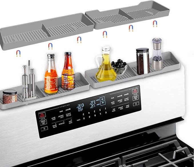30 Inch Magnetic Silicone Stove Top Shelf, Heat Resistant Spice Rack for Kitchen, Space Saving Organizer with 6 Sticky Pads, Fits Back of Stove(Light Grey 30''x3.8'')
