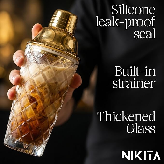 Nikita Cocktail Shaker, 5-Piece Martini Shaker & Bartender Kit with Bar Accessories Strainer, Jigger, Spoon & Muddler, Gold 16oz Drink Mixer with Bartender Accessories