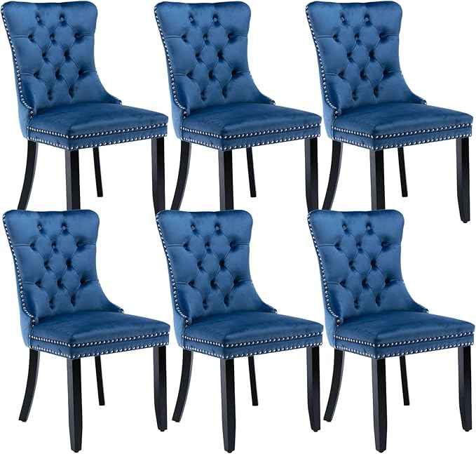 Upholstered Dining Chairs Set of 6, Velvet Dining Room Chairs with Back Ring Pull Trim and Solid Wood Legs, Tufted Wingback Kitchen Chair Perfect for Dining Room,Living Room,Kitchen(Blue)