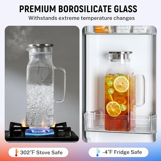 Netany 4 Pack 2 Liters/68 oz Square Glass Pitcher with Lid and Handle for Fridge, Iced Tea and Coffee Carafe Beverage Serveware, Heat Resistant Borosilicate Water Jug for Hot/Cold Drinks and Milk