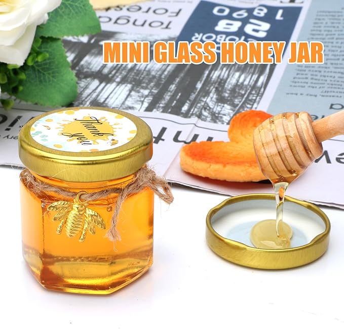 XING-RUIYANG 60 pack 1.5 oz Mini Honey Jars，baby shower favors,There's honey sticks, bee pendants, stickers and gold goodie bags，Suitable for wedding party gifts