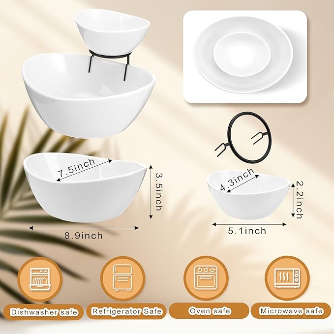 2 Set Chip and Dip Serving Set 2 Tier Chip and Dip Serving Dish Porcelain Appetizer Bowl and Platter with Stand for Food Taco Bar Salad Display Dessert Entertaining Party(Black,Classic Style)