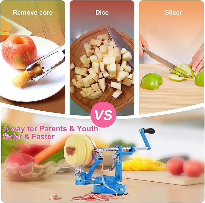 Apple Peeler, Slicer Corer Potato Peelers 3 In 1, Stainless Steel Heavy Duty with Suction Cup Base And 3 Extra Blades (Blue)