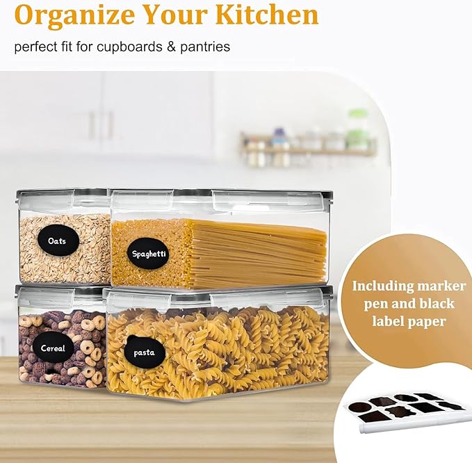 Airtight Food Storage Containers with Lids, BPA-Free Plastic Canisters for Pasta, Spaghetti & Kitchen Pantry Organization 4pcs (3.2L)