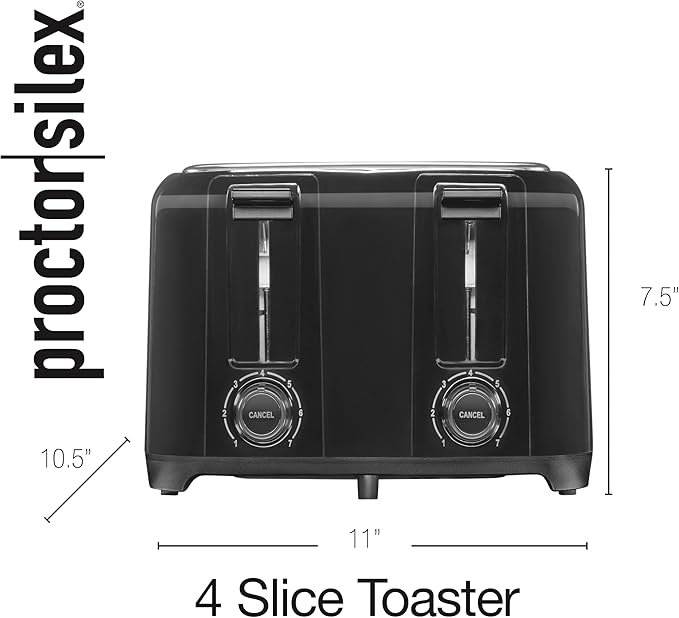 Proctor Silex 4 Slice Toaster with Extra Wide Slots for Bagels, Cool-Touch Walls, Shade Selector With 7 Browning Levels, Toast Boost, Auto Shut-off and Cancel Button, Black (24215PS)