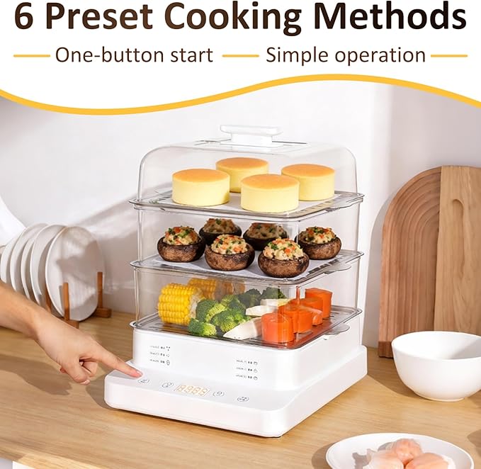 22L/23QT Electric Food Steamer, 3 Layers Food Steamer, 800W Commercial Stainless Steel Steamer, Large Capacity Breakfast Machine with Timer, for Home, Restaurant, Party