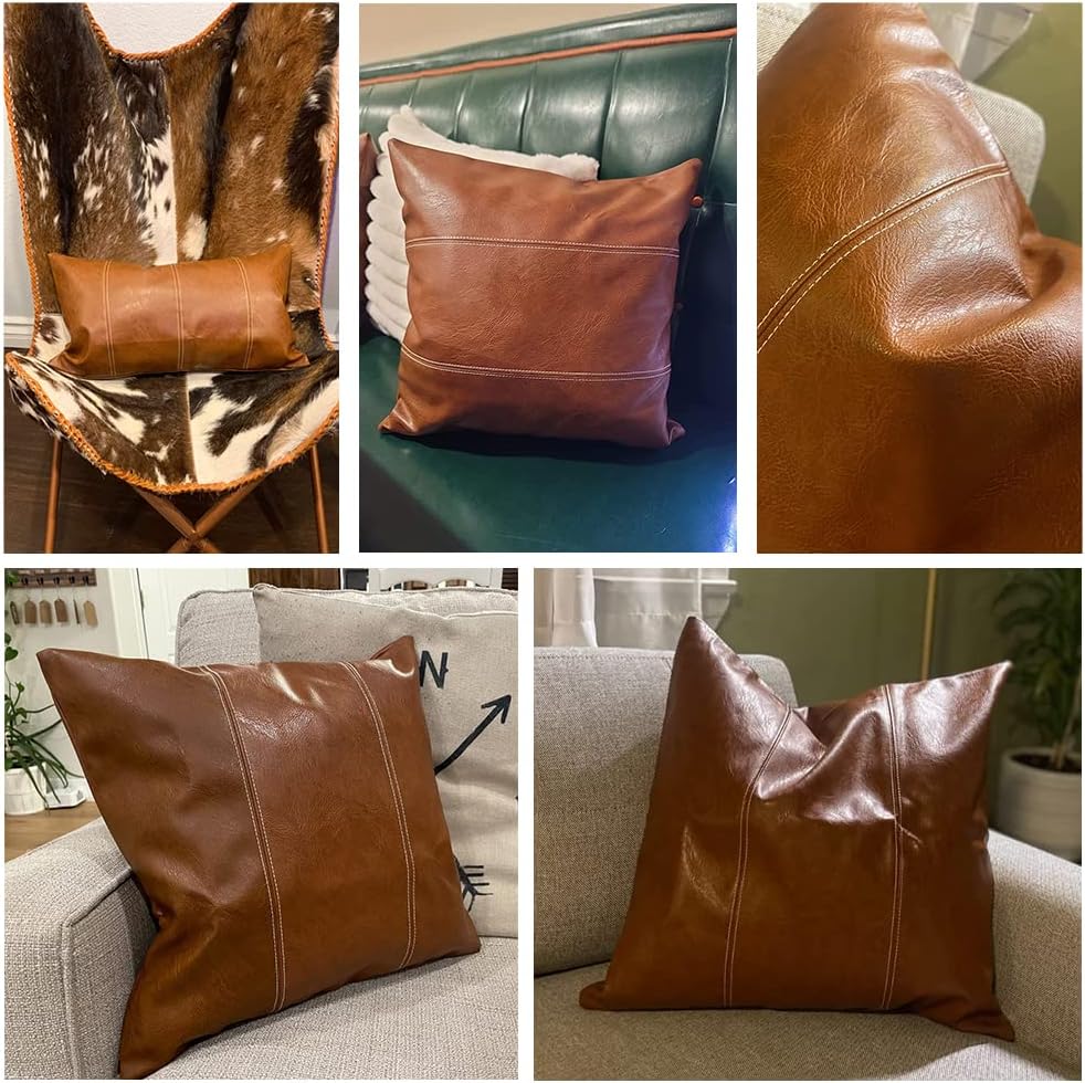 Fancy Homi Hand Stitched Brown Faux Leather Decorative Throw Pillow Covers 18x18 Inch for Living Room Couch Bed Sofa, Accent Square Cushion Case 45x45 cm, Rustic Modern Farmhouse Boho Home Decor