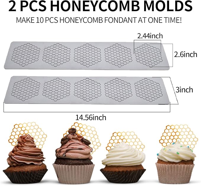 Honeycomb Molds Silicone (2 PCS) Jopgeey Tuile Fondant Molds with Hollow 3D Beehive Candy Lace Silicone Mold for Baking, Polymer Clay, Sugar Craft Dessert Cupcake Cake Decorating