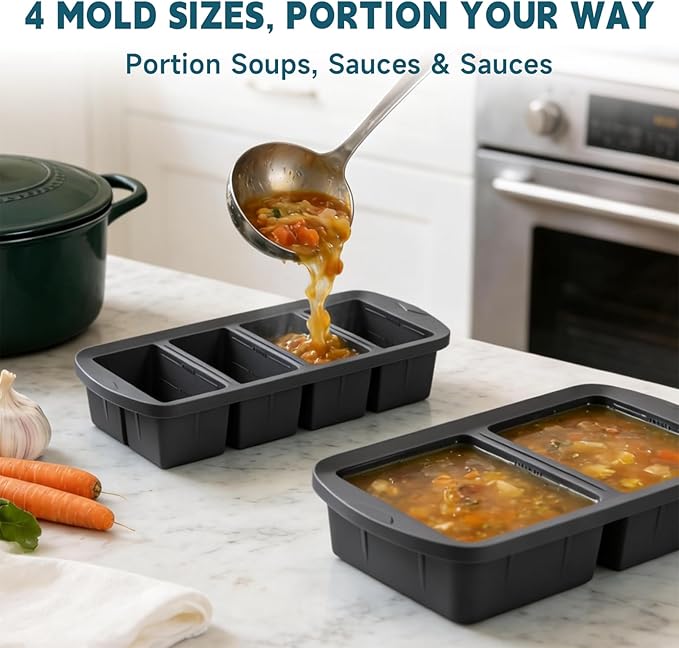 4 Pack Silicone Freezer Trays with Lid - Multi-Size 1-Cup & 2-Cup Portions, Food-Grade Silicone Freezer Molds for Soup & Meal Prep - Large Freezer Storage Containers, Oven & Dishwasher Safe - Black