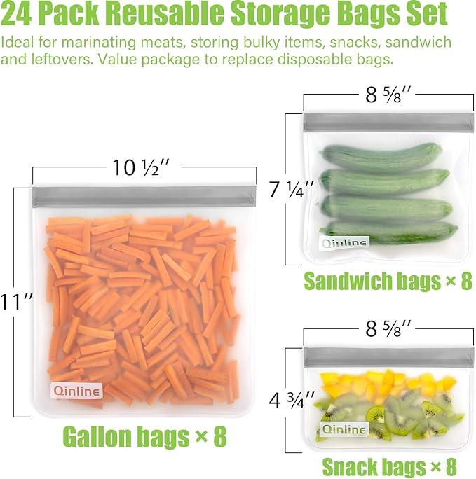 Qinline Reusable Food Storage Bags - 24 Pack Freezer Bag, Reusable Bags, Extra Thick Leakproof Lunch Bag
