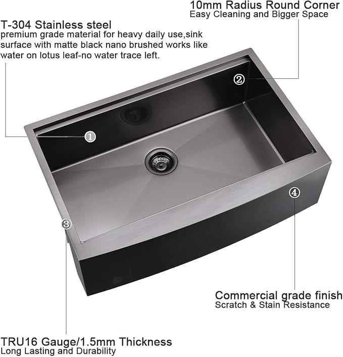 33 Inch Farmhouse Kitchen Sink Workstation Black - VOKIM 33x22 Apron Front Kitchen Sink Stainless Steel 16 Gauge Single Bowl Gunmetal Farm Sink