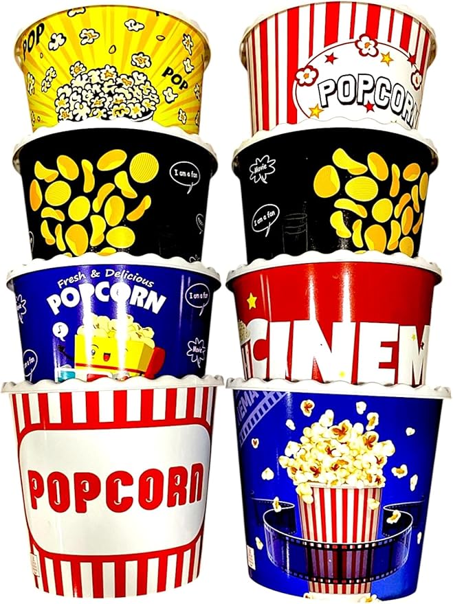 Modern Style Reusable Plastic Popcorn Box/Popcorn Containers/Popcorn Bowls Set for Movie Theater Night - (BPA Free - 8 Pack - 75 oz) (Mix 8-W)