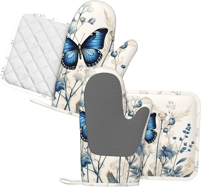 Oven Mitts and Pot Holders Butterfly Blue Flower Boho Silicone Kitchen Accessories Set of 4 Heat Resistant Long Gloves Potholder Non-Slip Grip for Chef Cooking Baking Grilling BBQ
