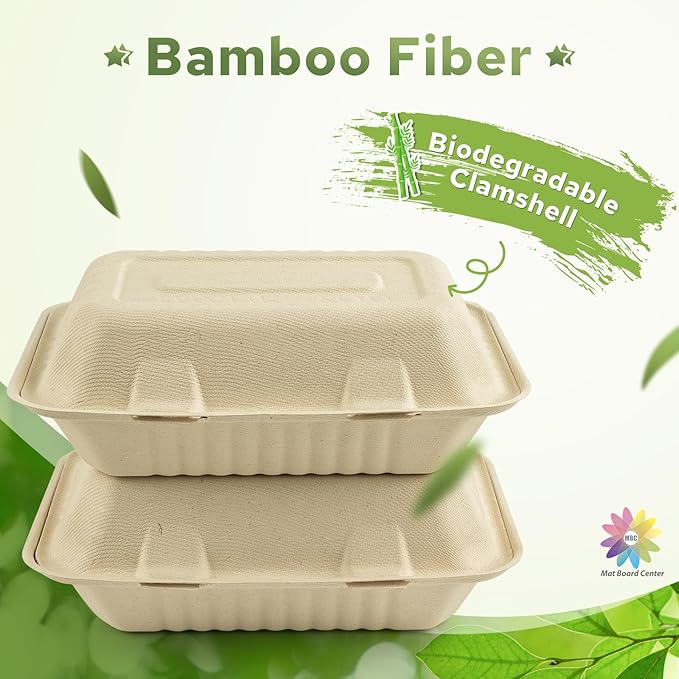 Mat Board Center, 9x 6x 3 inch, 250-Count Ribbed Hamburger Compostable Clamshell Bamware (Bamboo Fiber) Take-Out/to-Go Food Boxes-Biodegradable Containers Hinged Lid-Microwave-Safe-Gluten-Free