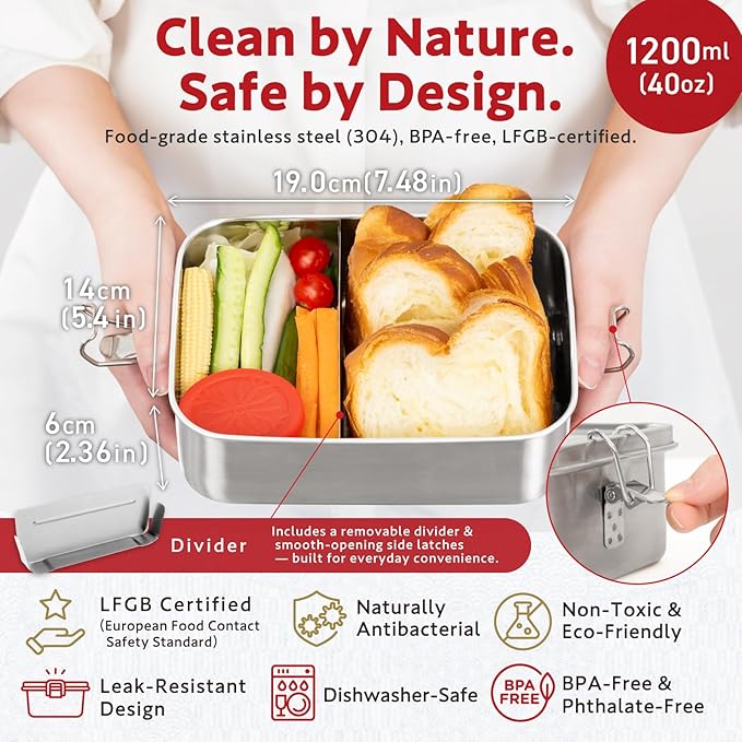 HIBINO Stainless Steel Bento Box 1200ml | Leakproof Bento Box for Adults | Removable Divider | Includes Sauce Container & Cotton Kinchaku Bag | BPA-Free | Designed in Japan